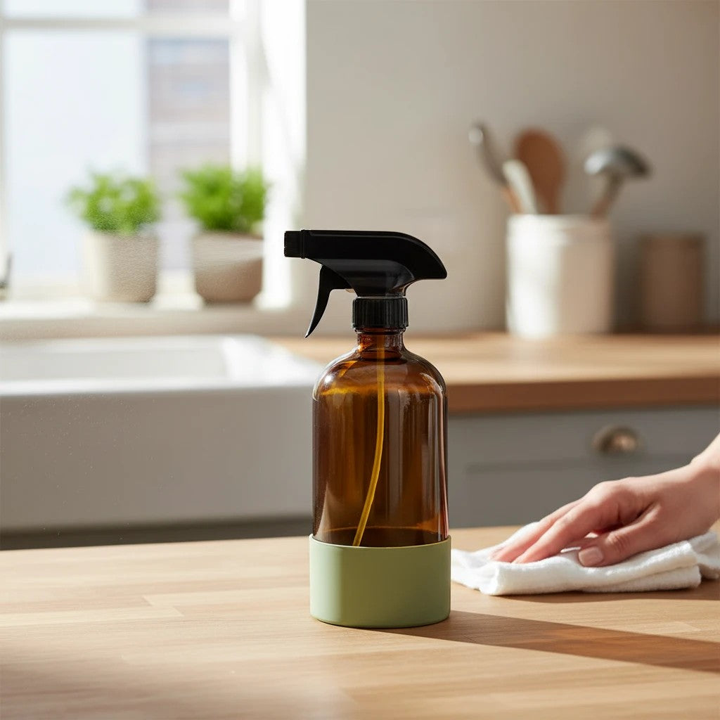 Bubble Gallery amber glass spray bottle with a sage green silicone sleeve and black trigger on a wooden countertop.