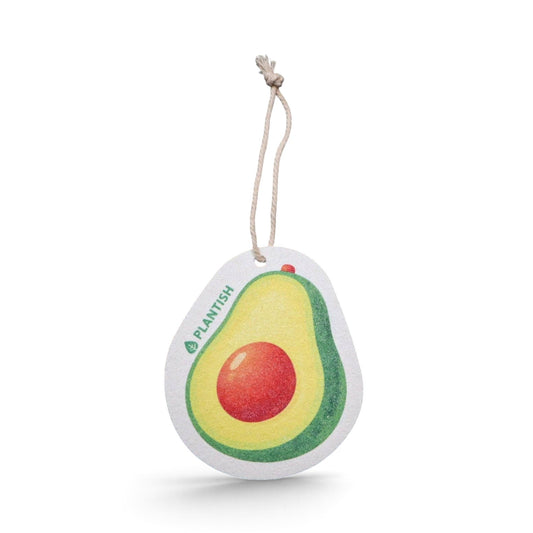 Bubble Gallery avocado-shaped pop-up kitchen sponge made from compostable vegetable cellulose with a hanging string.