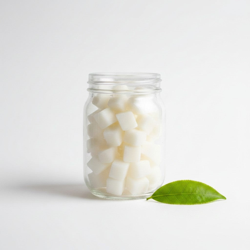 Bubble Gallery Cheeky Bits cloth wipe solution cubes in a glass jar. White, solid cubes made from castile soap and coconut oil.