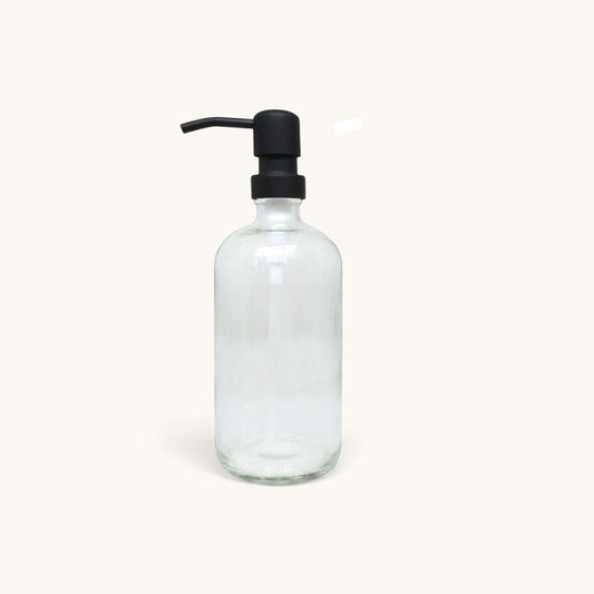 Bubble Gallery 2 pack of 16oz clear glass soap dispensers with matte black metal pumps for kitchen or bathroom use
