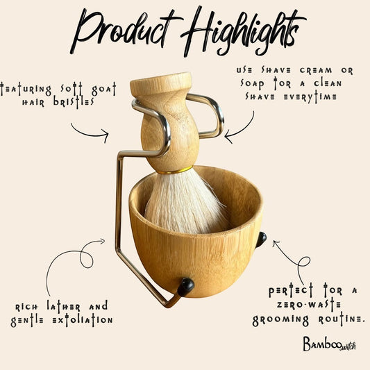 Bubble Gallery natural bamboo shaving brush with soft bristles and metal stand, perfect for a zero-waste grooming routine.