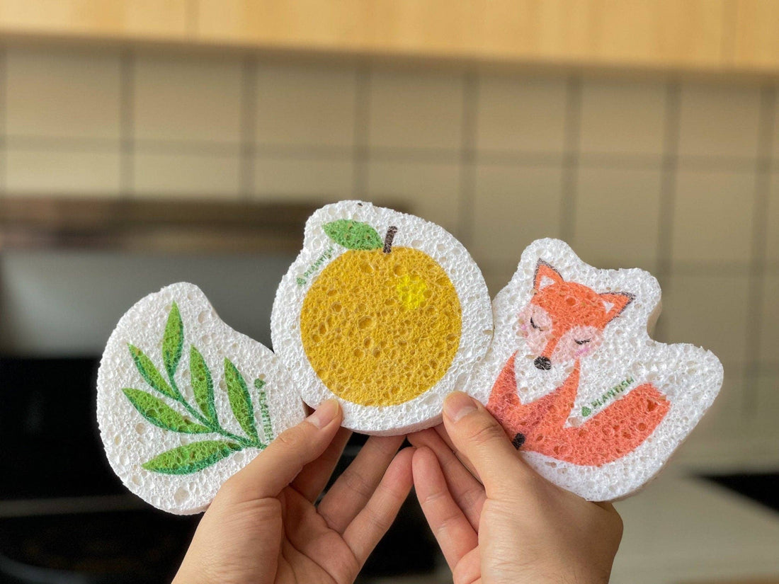 A person's hand in a kitchen holding up three pop up sponges from Plantish.