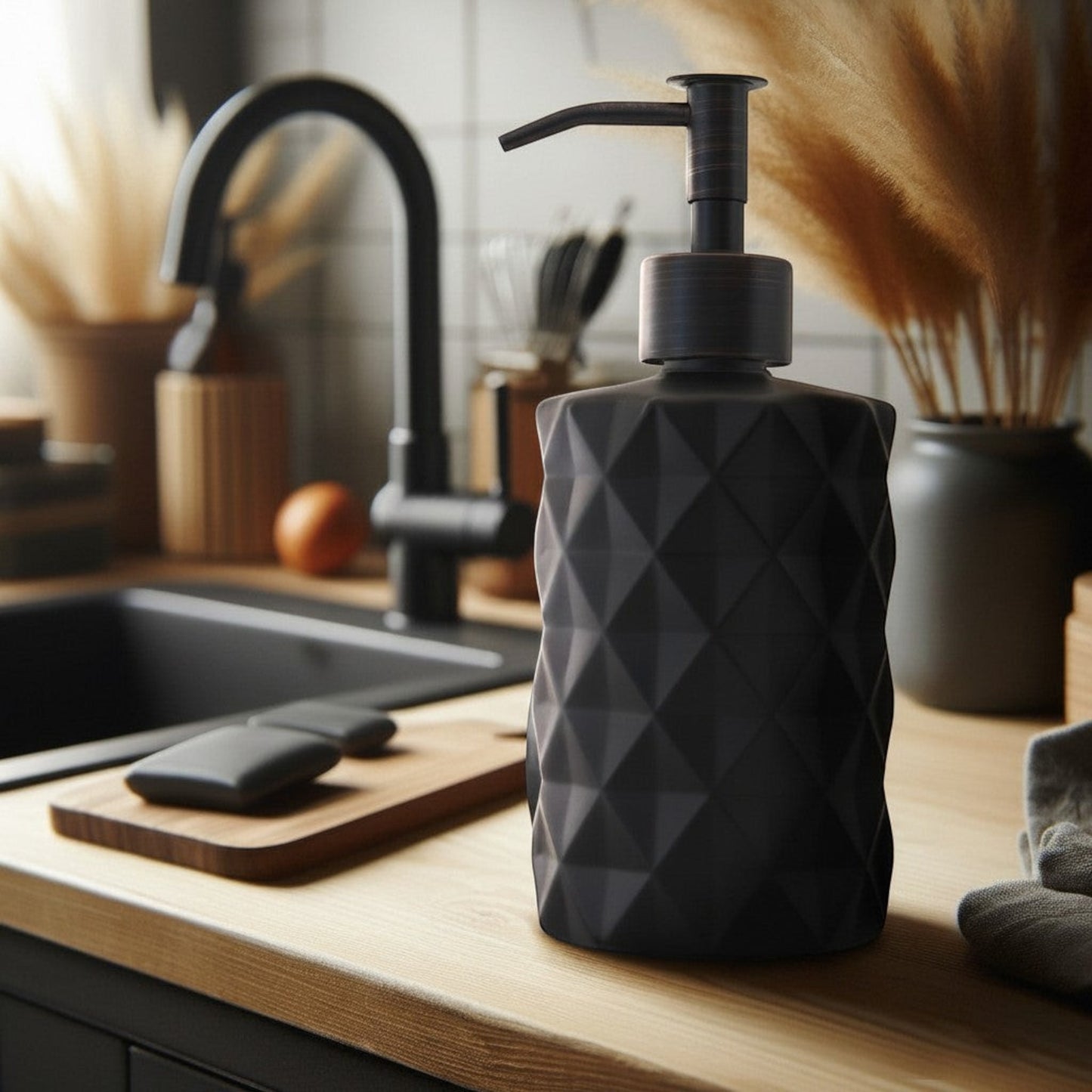 Textured Clear Glass + Matte Black Stainless Pump Bottle