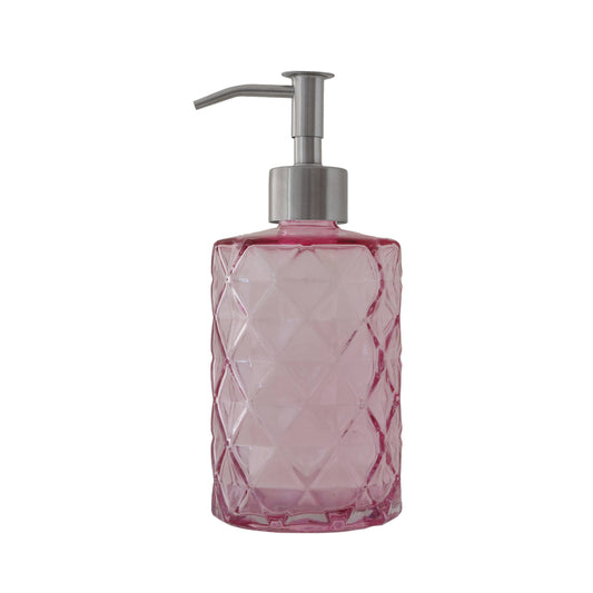 Pink diamond-patterned soap dispenser with silver pump on a white background