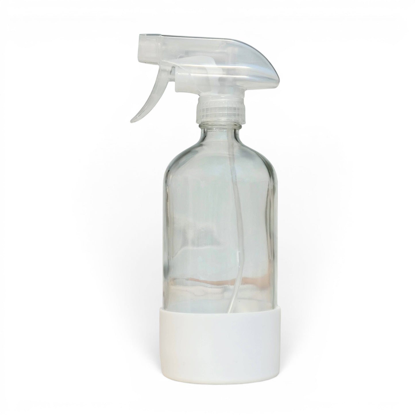 Bubble Gallery 16oz clear glass spray bottle with white protective sleeve and clear trigger sprayer.