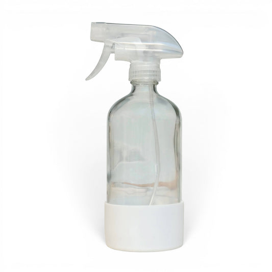 Bubble Gallery 16oz clear glass spray bottle with white protective sleeve and clear trigger sprayer.