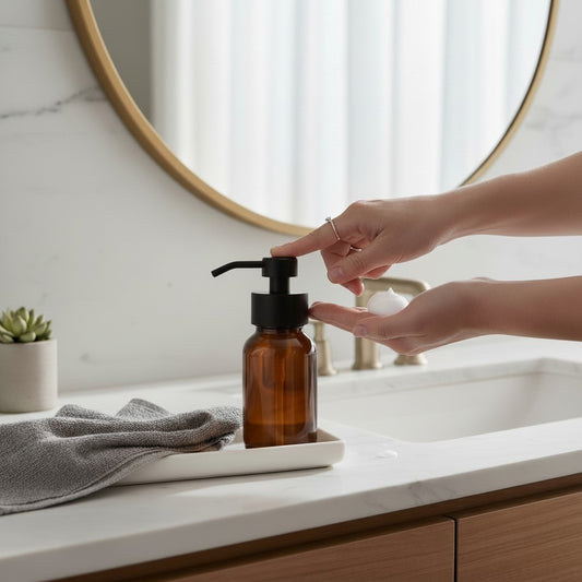 Bubble Gallery amber glass foaming soap dispenser with black pump, used in a bathroom setting.
