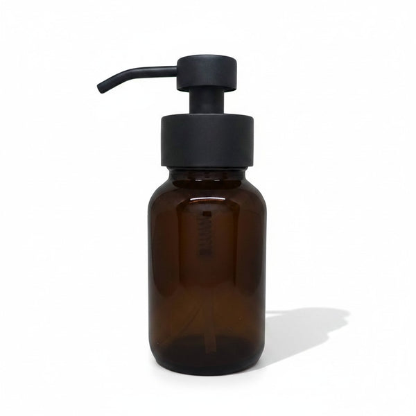 Bubble Gallery 2 pack 8oz amber glass foaming soap dispensers with matte black pumps. Refillable and reusable.