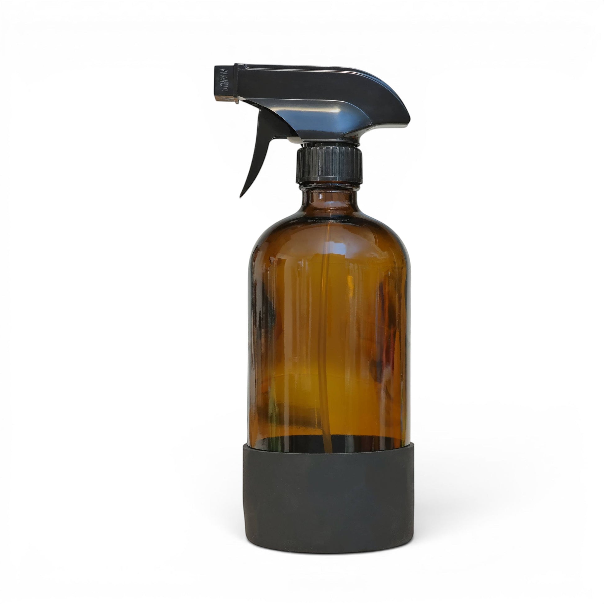 Bubble Gallery 16oz amber glass spray bottle with black trigger sprayer and protective silicone sleeve.