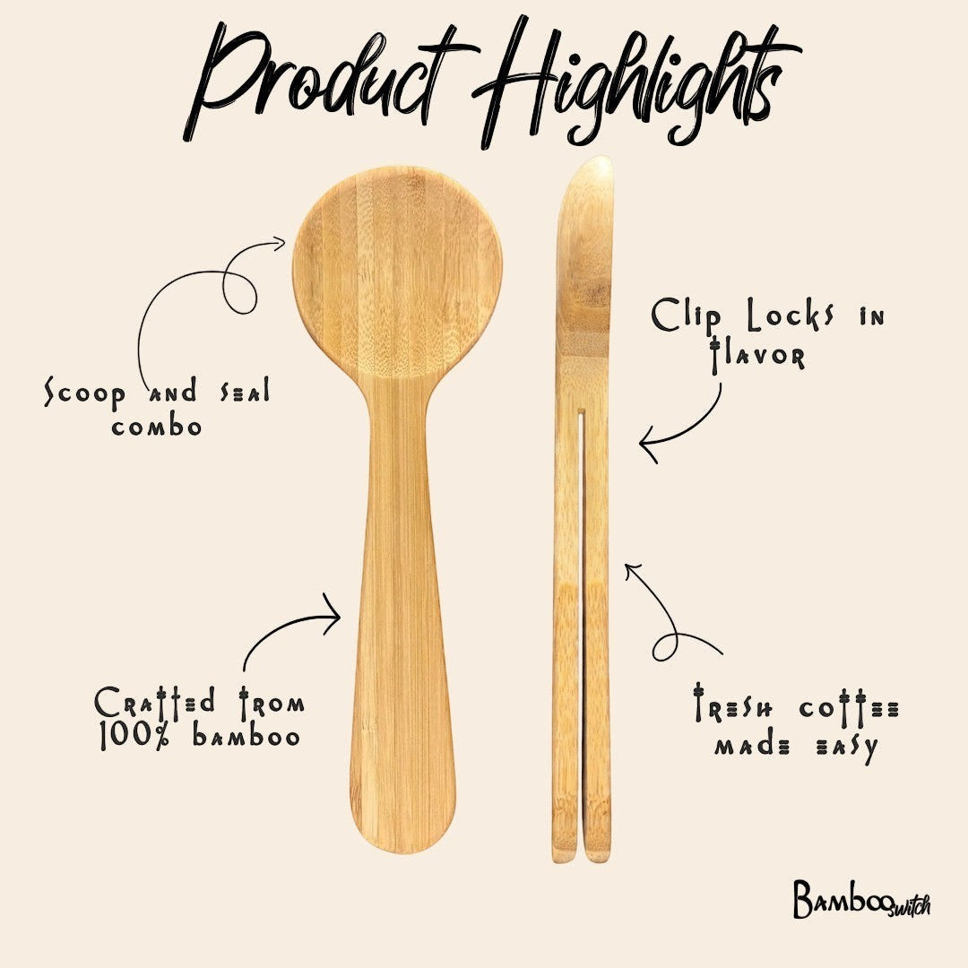 Bubble Gallery bamboo coffee scoop and bag clip combo tool for measuring and sealing coffee bags