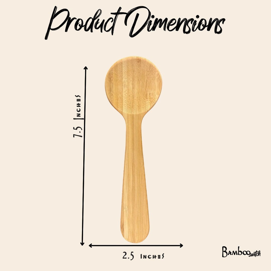 Bubble Gallery bamboo coffee scoop with bag clip showing dimensions of 7.5 inches long and 2.5 inches wide