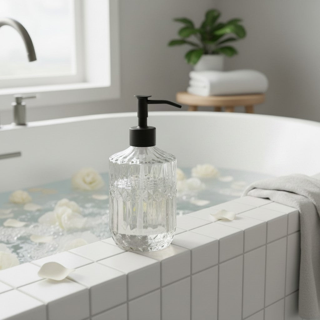 Bubble Gallery clear glass liquid soap dispenser with crystalline pattern and black pump, shown in a bathroom setting.