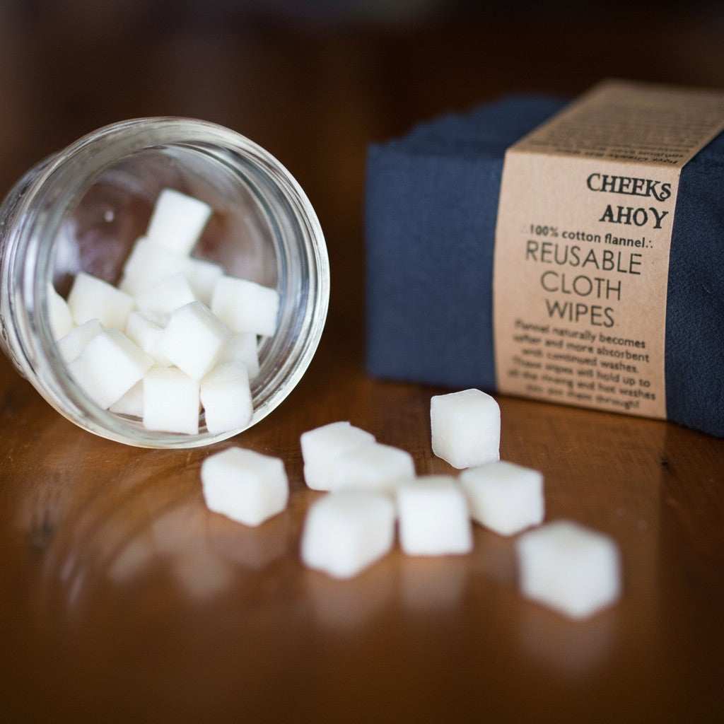 Bubble Gallery Cheeky Bits cloth wipe solution cubes in a glass jar next to a stack of navy blue reusable cloth wipes.