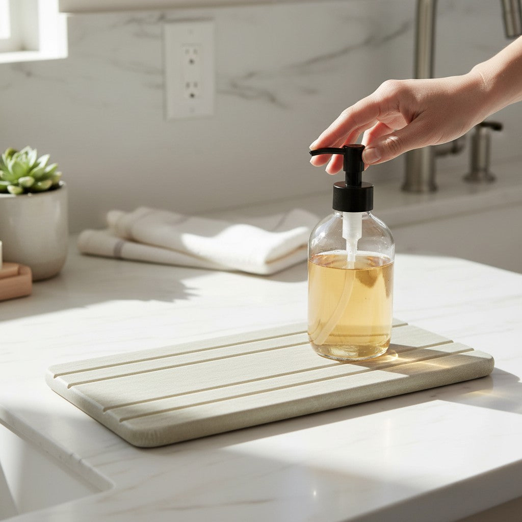 Bubble Gallery diatomaceous earth bottle tray with subtle channels for airflow. Neutral tone, absorbent surface.