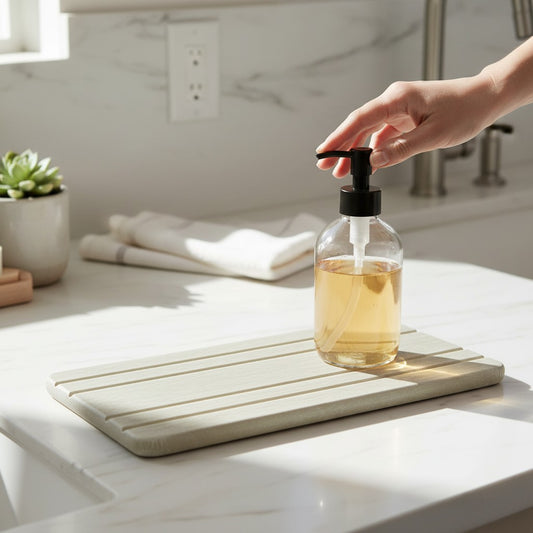 Bubble Gallery diatomaceous earth bottle tray with subtle channels for airflow. Neutral tone, absorbent surface.