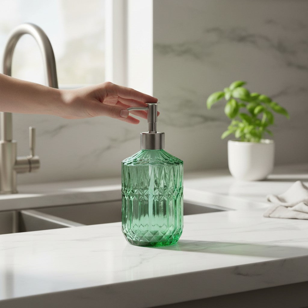 Bubble Gallery emerald green diamond-cut glass soap dispenser with a stainless steel pump on a marble countertop.