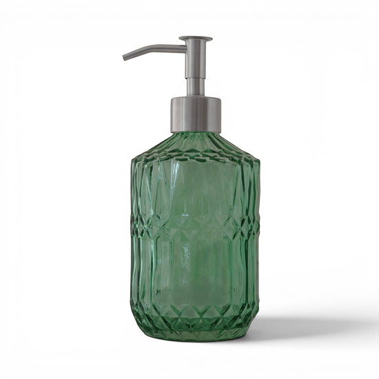 Bubble Gallery emerald green textured glass soap dispenser with a stainless steel pump for kitchen or bathroom