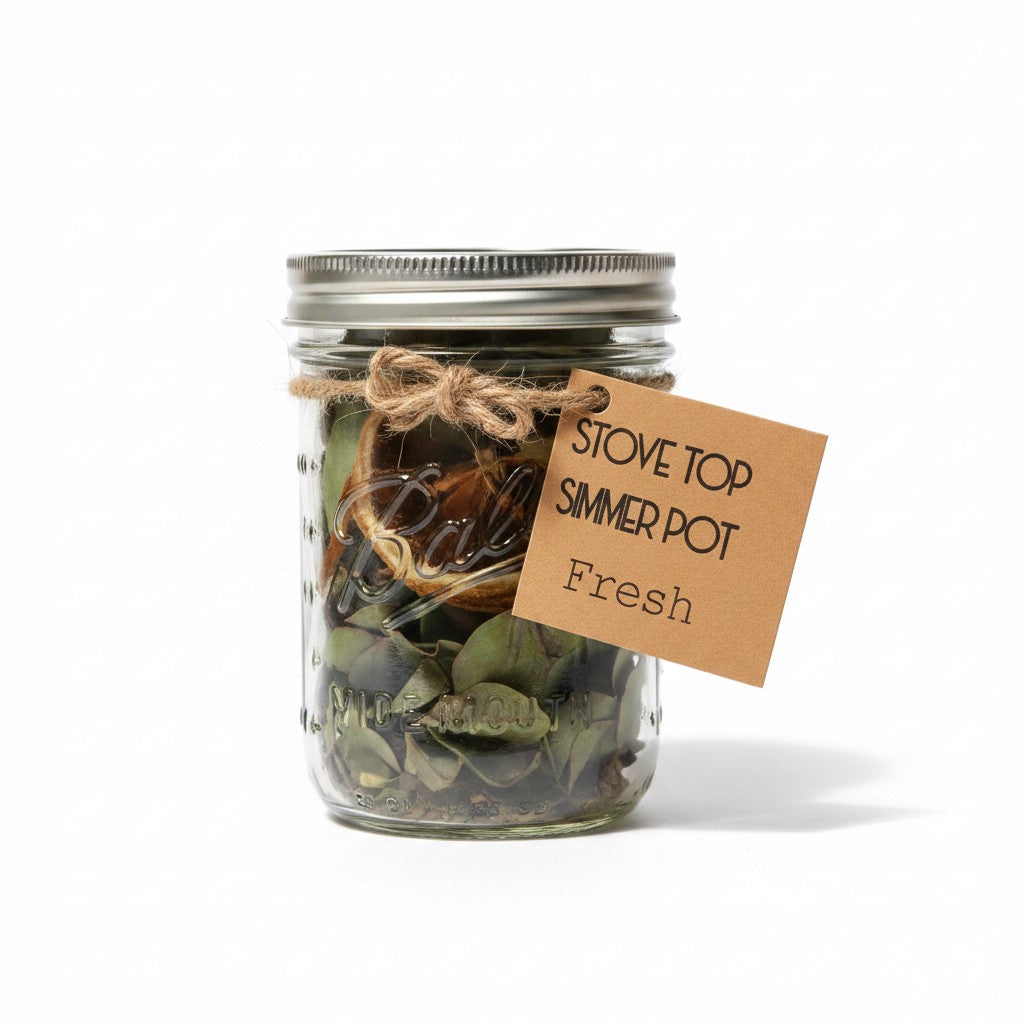 Bubble Gallery Fresh simmer pot in a glass mason jar with dried lavender, lemon, and eucalyptus botanicals.