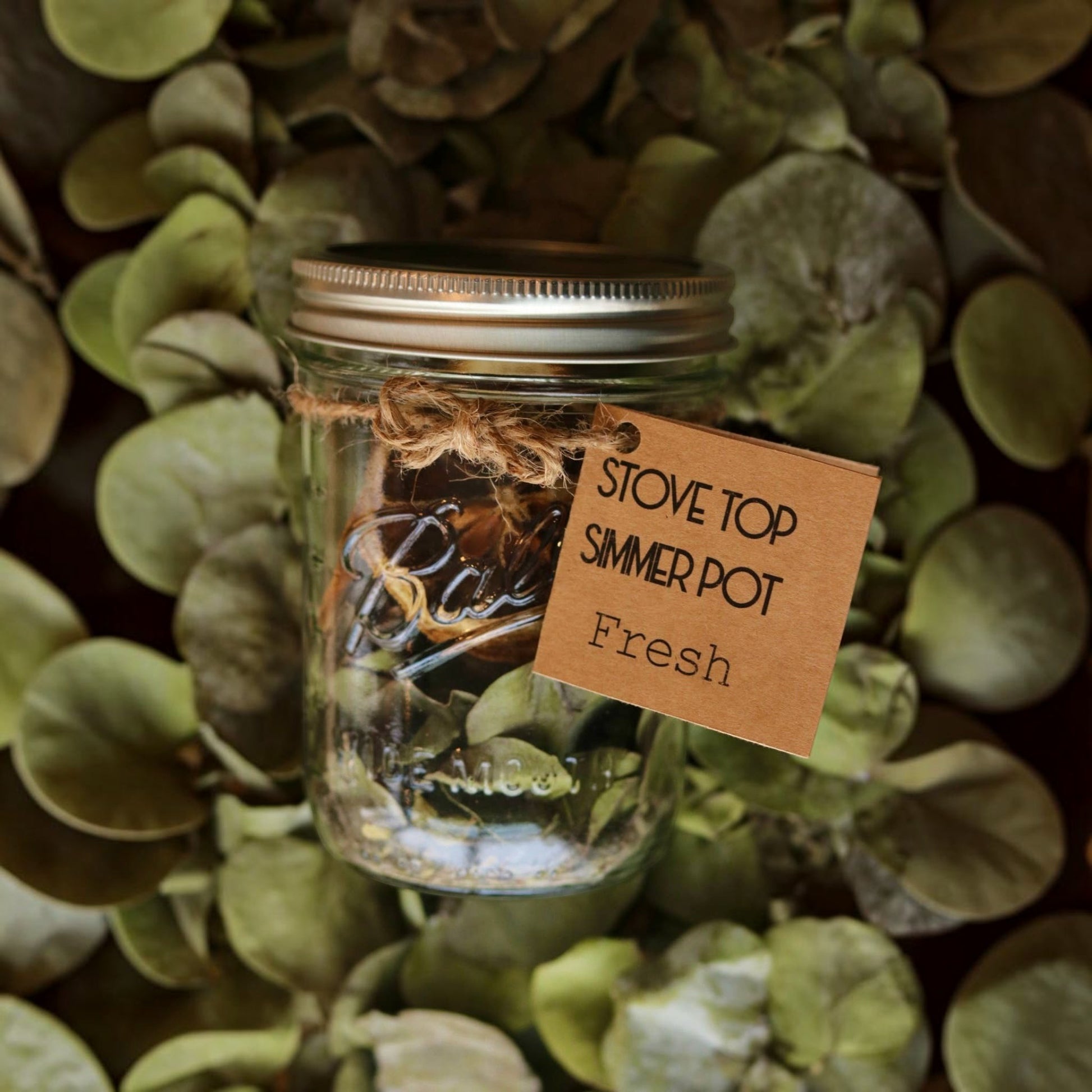 Bubble Gallery Fresh simmer pot in a glass mason jar with lavender, cardamom, lemon, and eucalyptus on eucalyptus leaves
