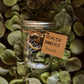 Bubble Gallery Fresh simmer pot in a glass mason jar with lavender, cardamom, lemon, and eucalyptus on eucalyptus leaves