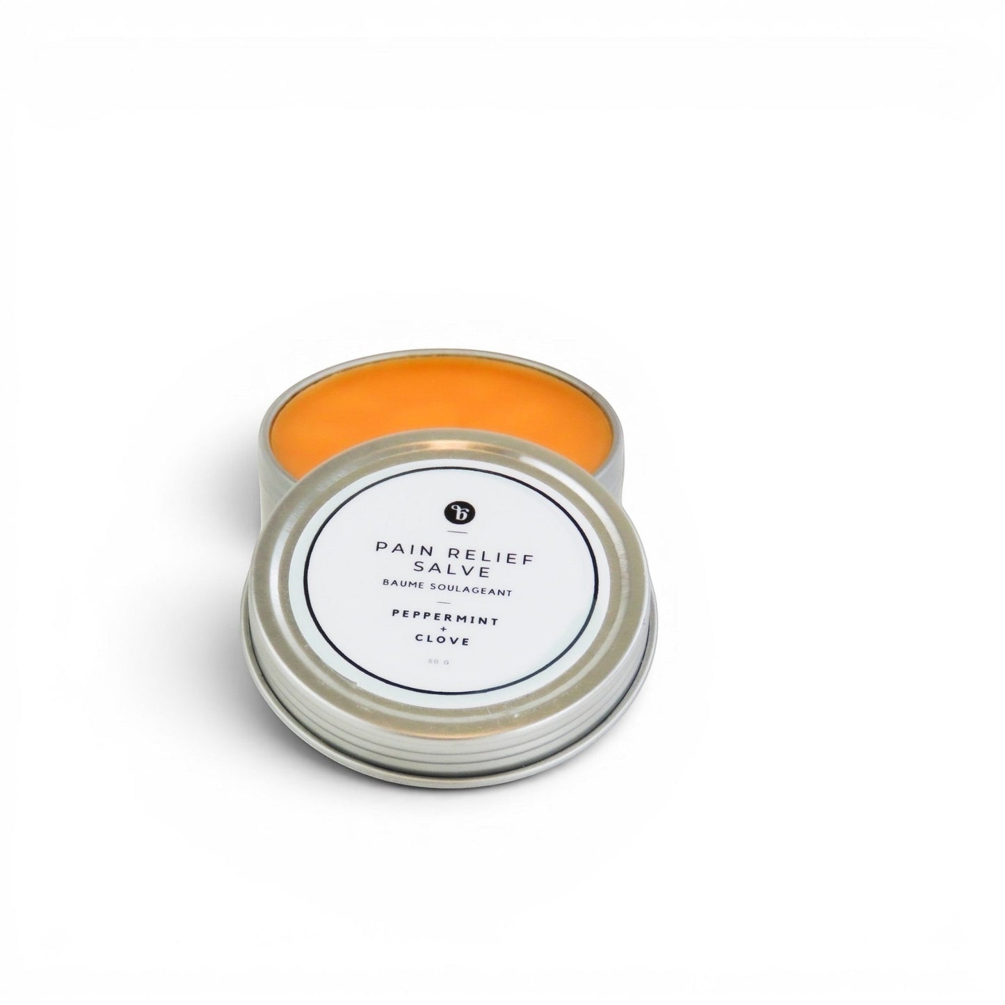 Bubble Gallery Pain Relief Salve in a silver tin, infused with arnica, rosemary, ginger, lavender, marjoram, cayenne, and birch.