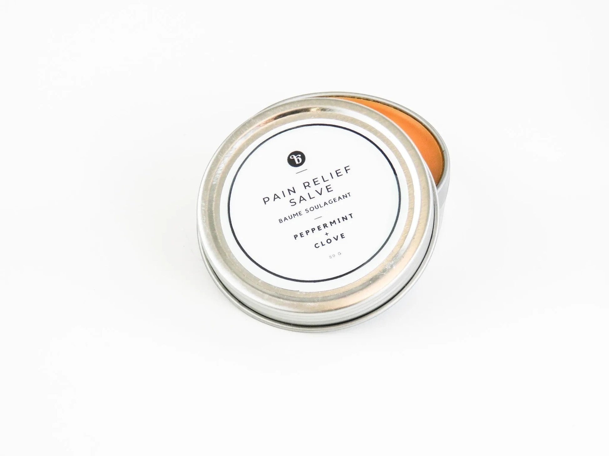 Bubble Gallery Pain Relief Salve in a silver tin, a rich botanical balm with a warming, soothing experience.
