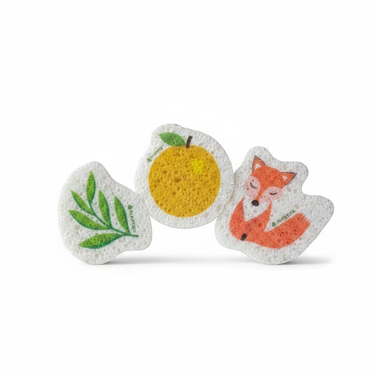 Bubble Gallery set of 3 plant-based vegetable cellulose pop-up kitchen sponges with leaf, orange, and fox designs.