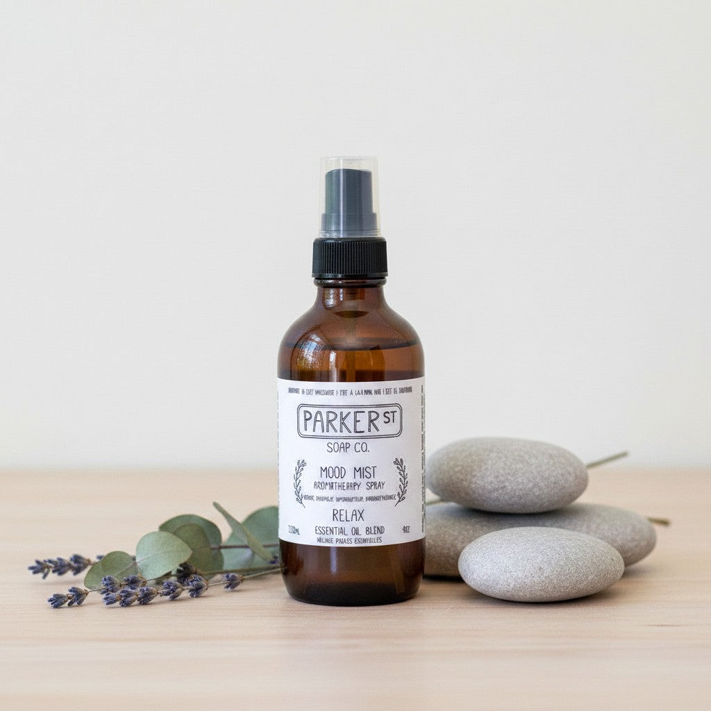 Bubble Gallery RELAX Mood Mist Aromatherapy Spray in amber glass bottle with black mister. Calming essential oil blend.