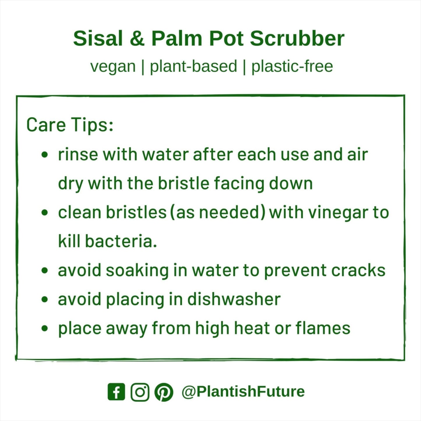 Bubble Gallery Plantish sisal and palm pot scrubber care instructions infographic with green text on white background