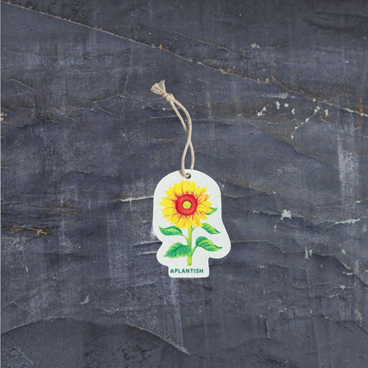 Bubble Gallery sunflower pop-up sponge with a hanging string on a dark textured background